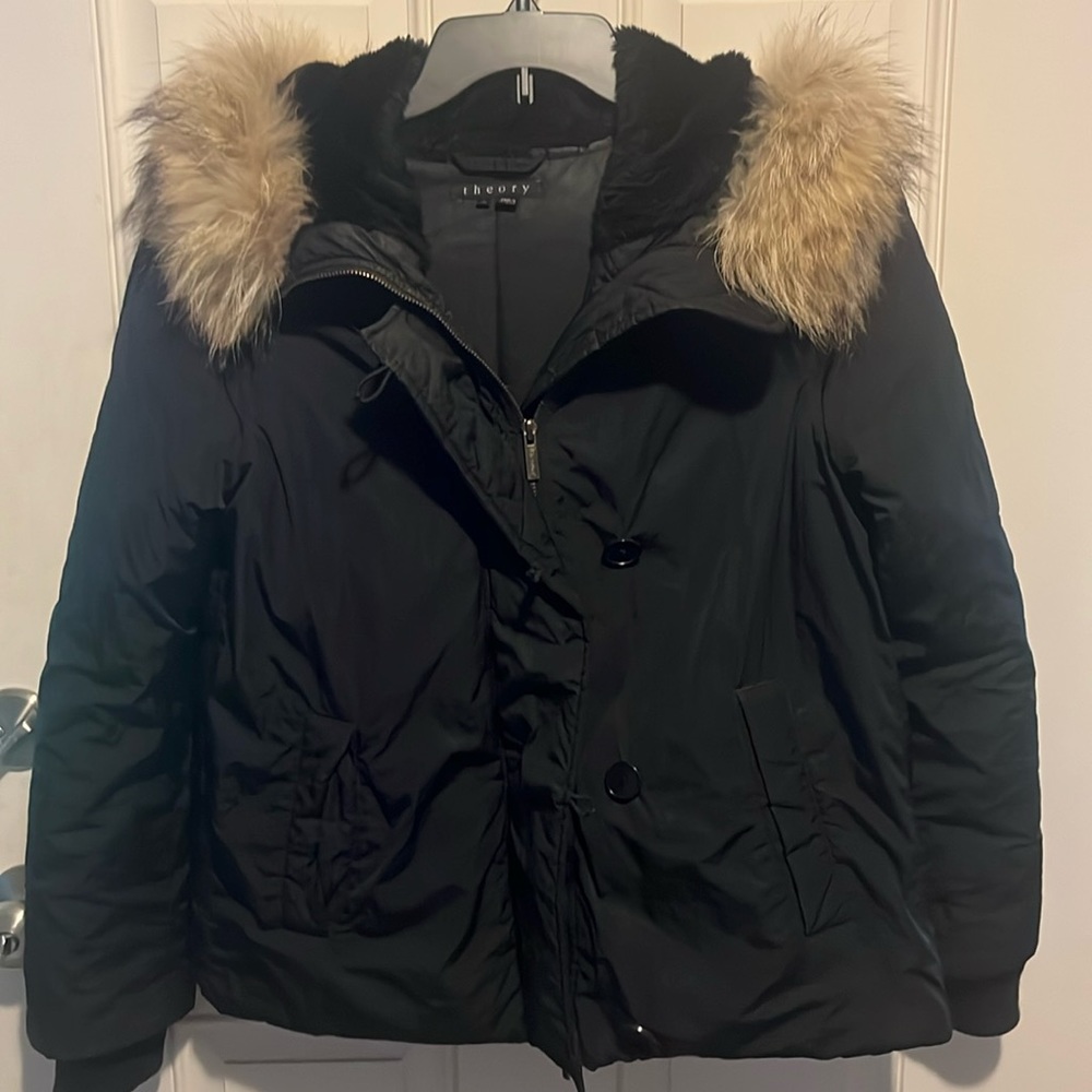Theory Black Bomber Jacket with Fur Trim